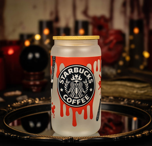 Starbucks Inspired Horror Movie Themed - Bloody Knives - Starbucks inspired- 16 oz Frosted Glass Iced Coffee Cup w/ Bamboo lid