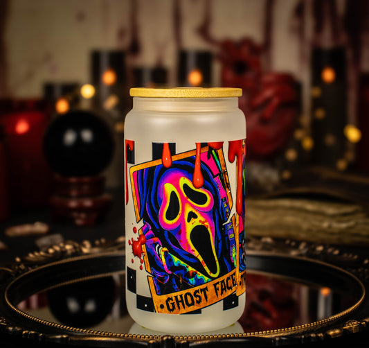 3 Tarot Horror Neon - Full Color -  16 oz Frosted Glass Iced Coffee Cup w/ Bamboo lid