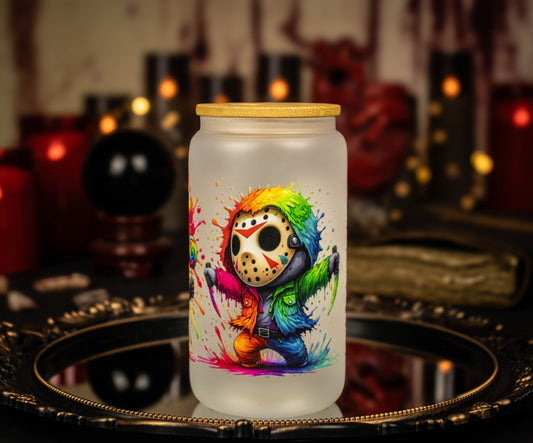 Jason Voorhees color splash 16 oz Frosted Glass Iced Coffee Cup w/ Bamboo lid