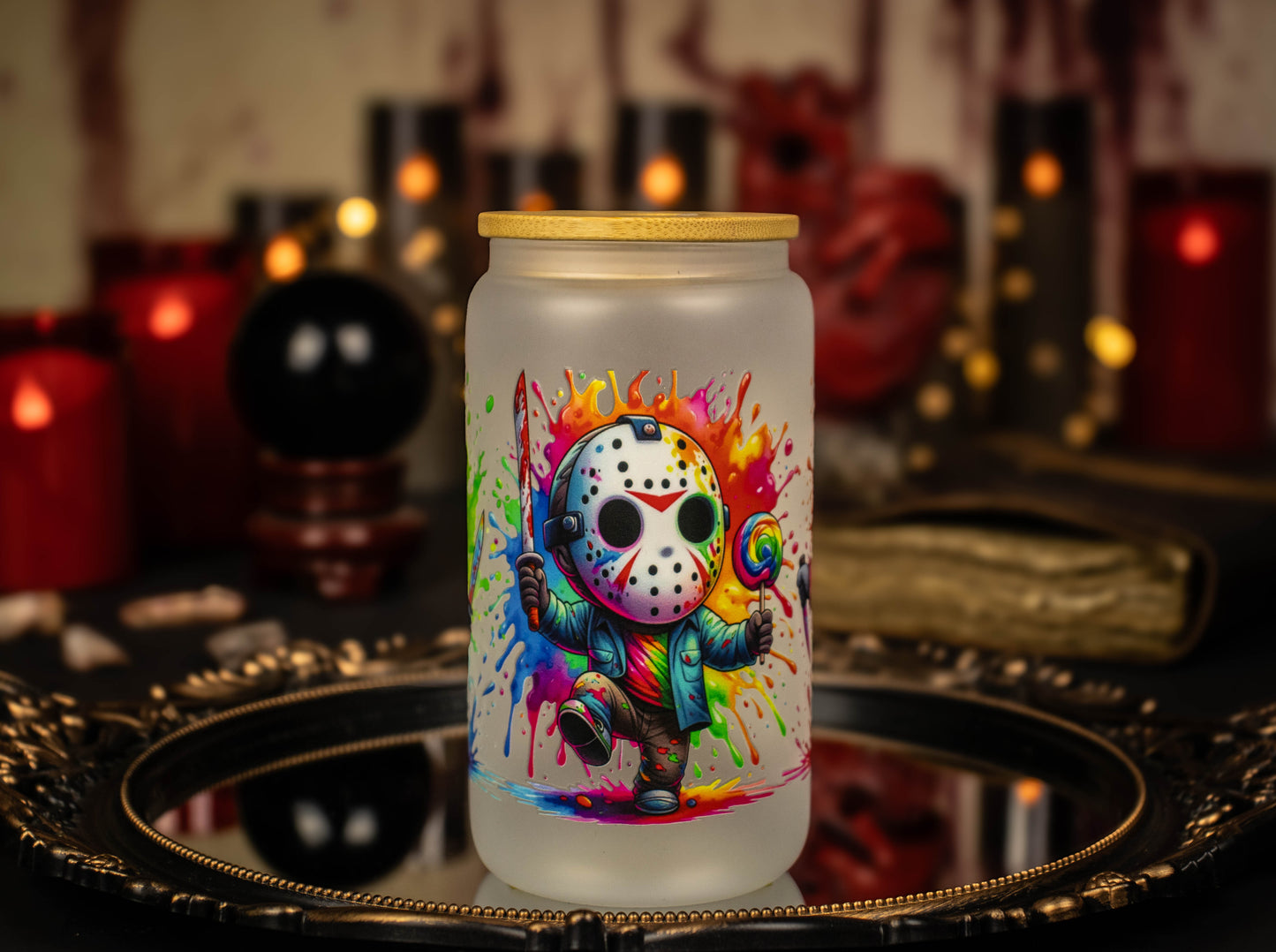 Jason Voorhees color splash 16 oz Frosted Glass Iced Coffee Cup w/ Bamboo lid