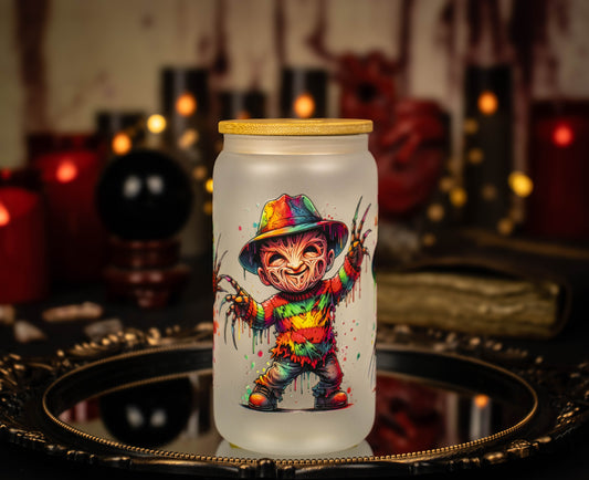 Freddy Kreuger color splash 16 oz Frosted Glass Iced Coffee Cup w/ Bamboo lid