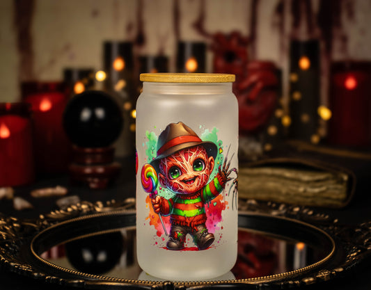 Freddy Kreuger color splash 16 oz Frosted Glass Iced Coffee Cup w/ Bamboo lid