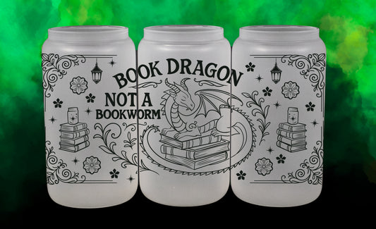 'Book Dragon, Not a Bookworm' - 16 oz Frosted Glass Iced Coffee Cup w/ Bamboo lid - Book Lover