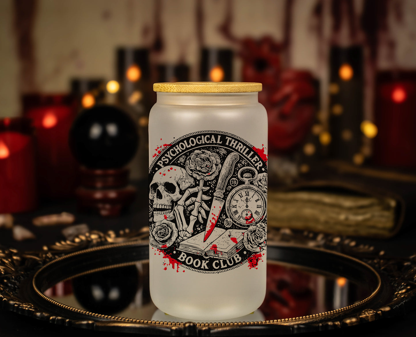 'Psychological Thriller Book Club' - 16 oz Frosted Glass Iced Coffee Cup w/ Bamboo lid - Book Lover