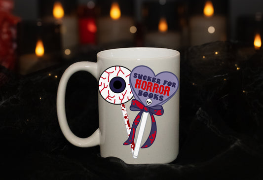 Sucker For Horror Books - 15oz Ceramic Coffee Mug - Book Lover