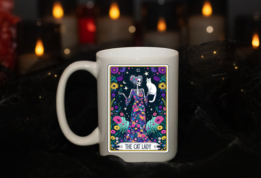 'The Cat Lady' Full Color Skeleton Tarot  15oz Mug - Tarot Card - Spiritual