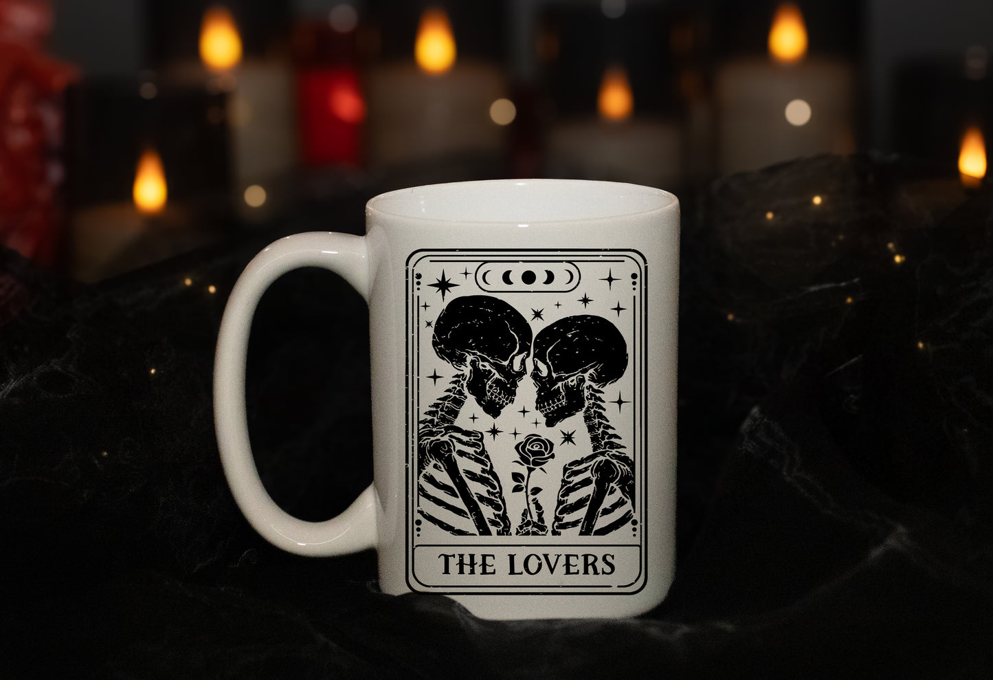 'The Lovers' Black Line Skeleton Tarot  15oz Mug - Tarot Card - Spiritual