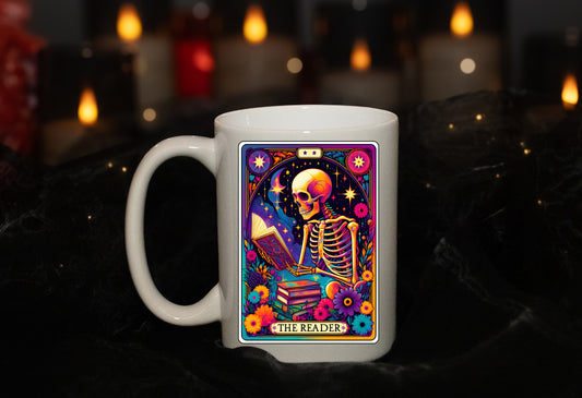 'The Reader' Full Color Skeleton Tarot  15oz Mug - Tarot Card - Spiritual