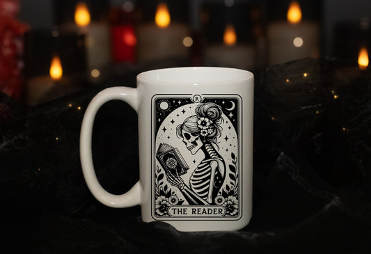 'The Reader' Female - Black Line Skeleton Tarot  15oz Mug - Tarot Card - Spiritual